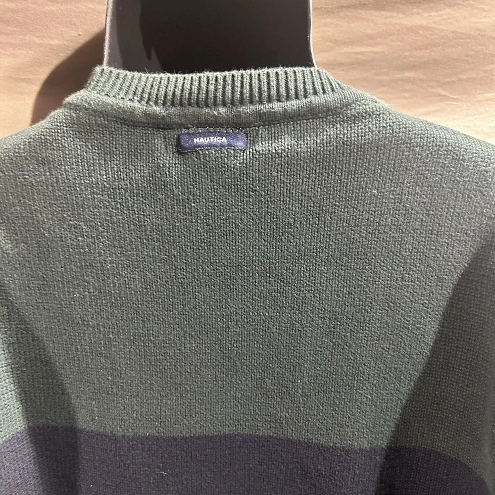 Nautica Men Medium Green Striped Crewneck Sweater Cotton J-Class Preppy Pullover